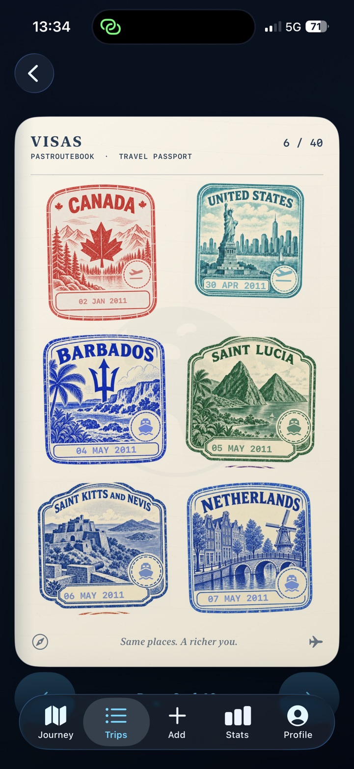 PastRouteBook digital travel passport with dated country stamps for Canada, the United States, Barbados, Saint Lucia, Saint Kitts and Nevis, and the Netherlands