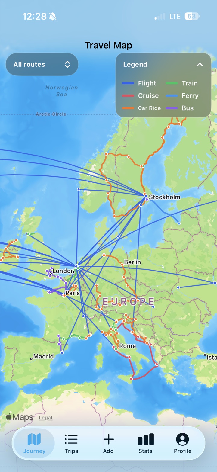 PastRouteBook map showing green train routes with flights, cruises and road journeys across Europe