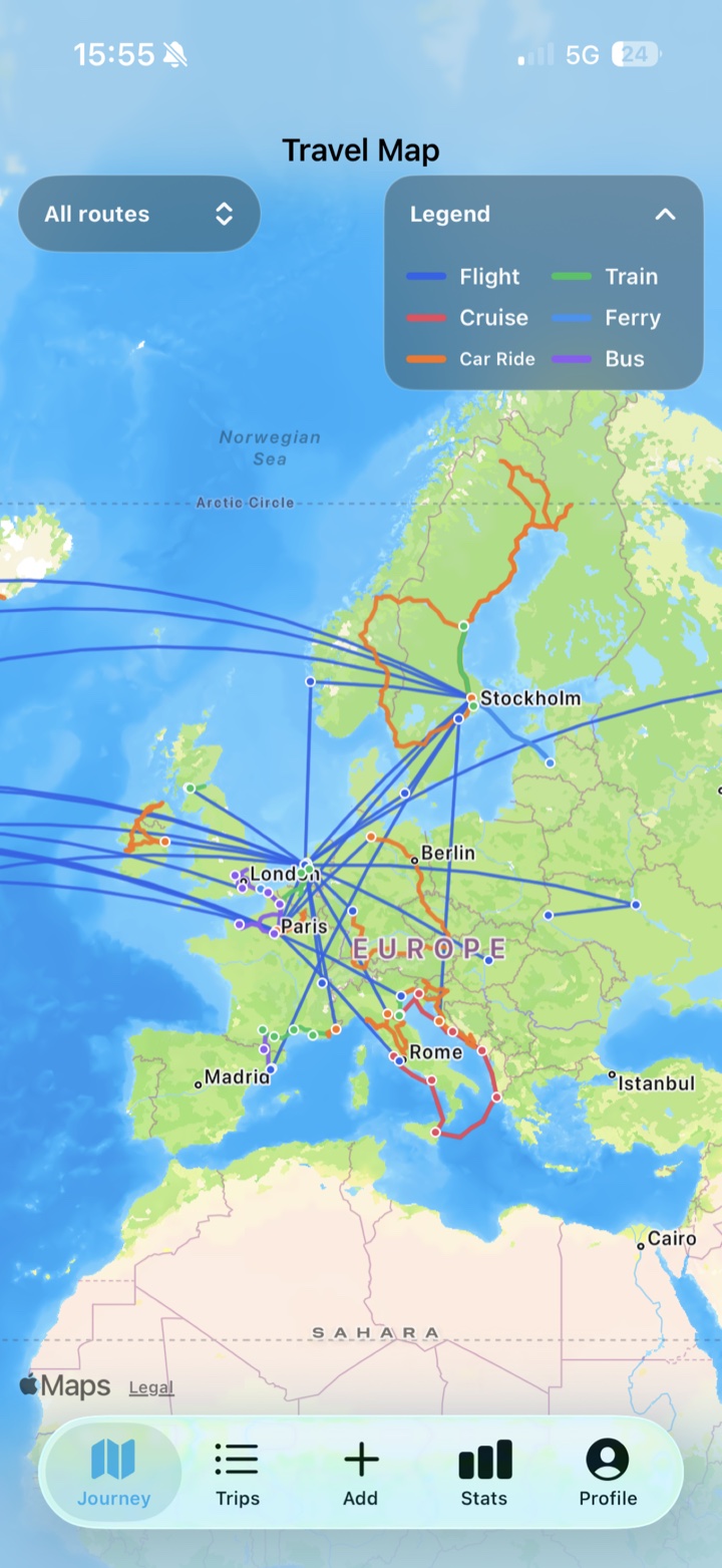 PastRouteBook travel map displaying routes across Europe