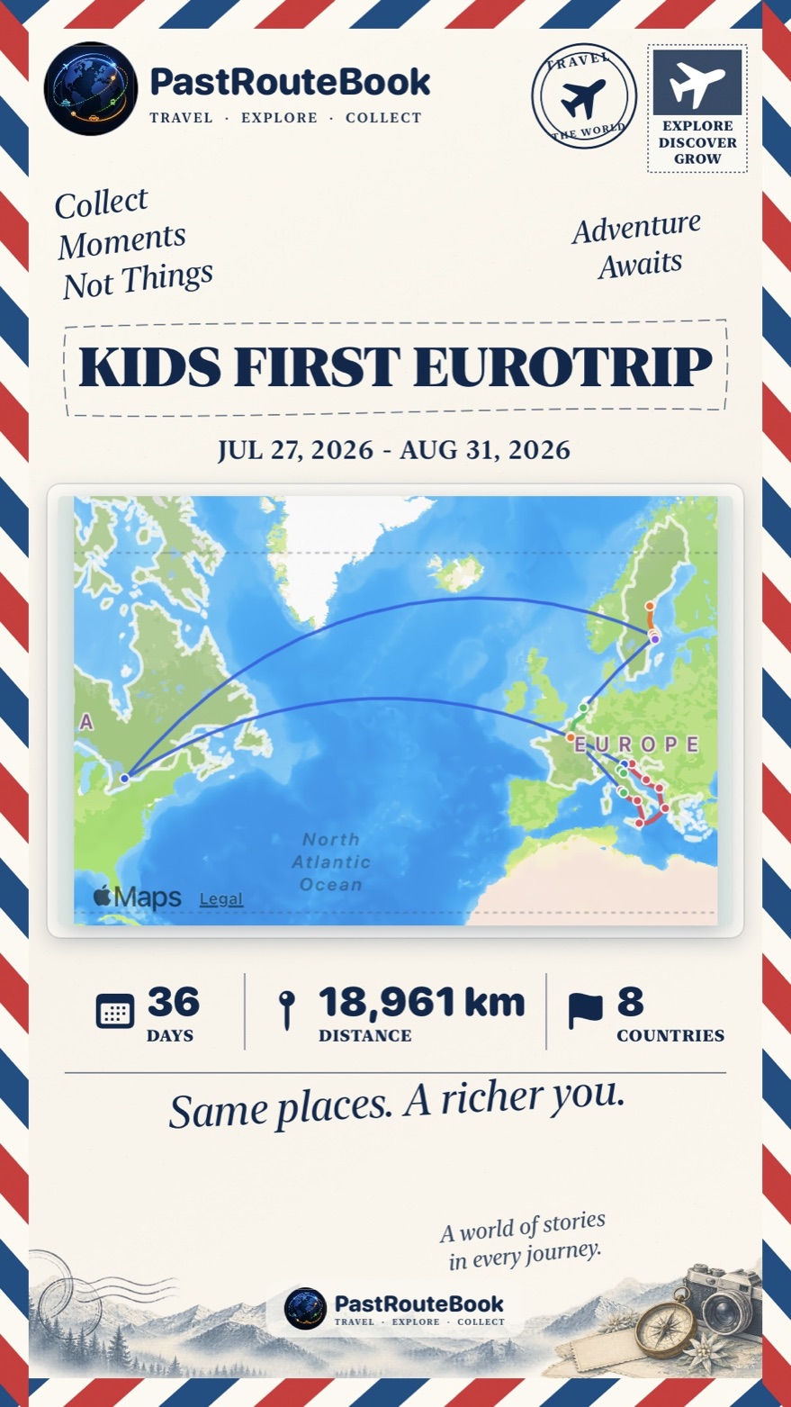 Shareable Eurotrip summary with route map, travel dates, distance and countries visited