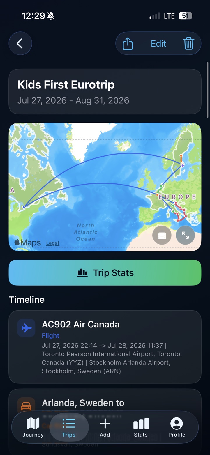 PastRouteBook trip log with a mapped European itinerary, trip statistics and a chronological travel timeline